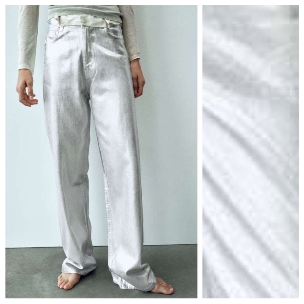 NWT Zara TRF Metallic Effect High-Waisted Jeans Straight wax coated relaxed fit